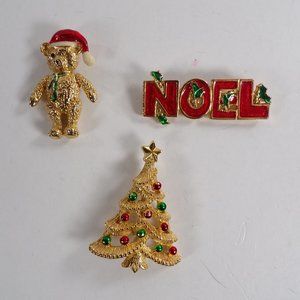 Christmas Holiday Brooch Pin Lot: AAI Teddy Bear & Noel Pins, Berrie Tree